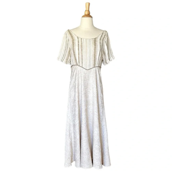 Vintage 90s Handmade MIDI Dress Empire Waist Fall Neutral Jacquard - Picture 16 of 16